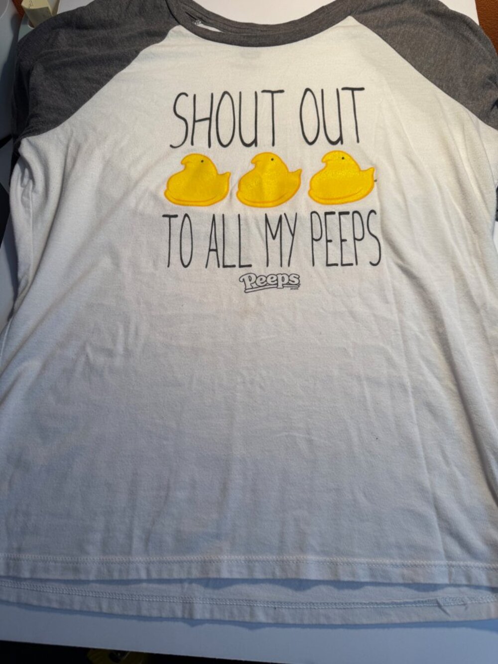 Peeps Graphic Raglan Baseball Tee White Gray Shout Out To All My Peeps XL